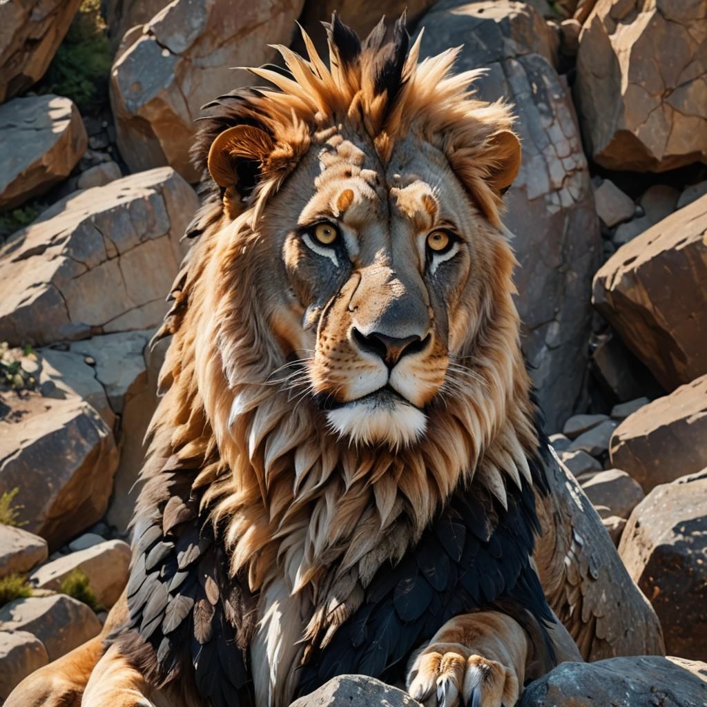 Hyper-realistic painting of a lion-eagle hybrid, majestic and powerful, with intricate feather and fur details.