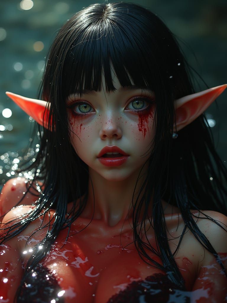 Gothic Elf Drowning in Bloody Water: Photorealistic Portrait