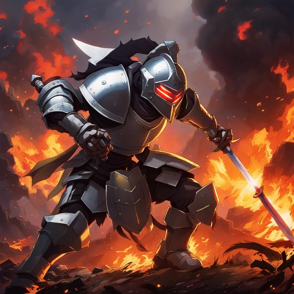 Armored Goblin Slayer in Fiery Battle, Anime Style