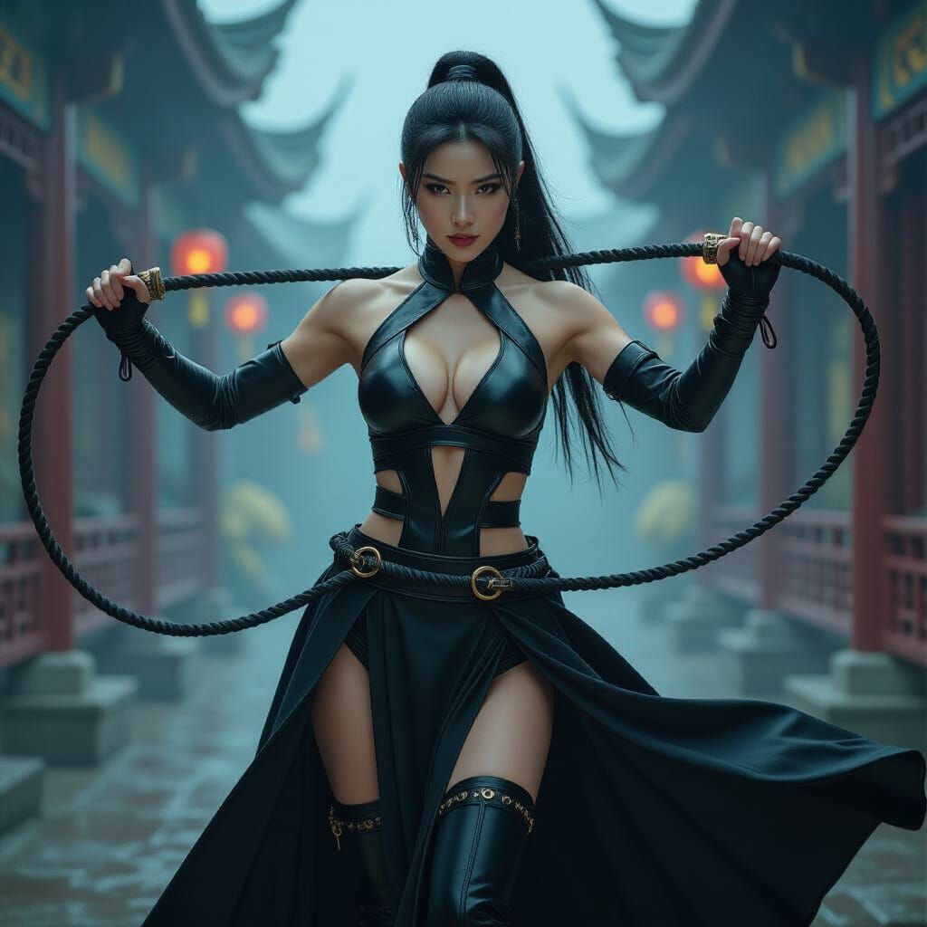Fantasy Asian Warrior with Whip Chains in Cinematic Style