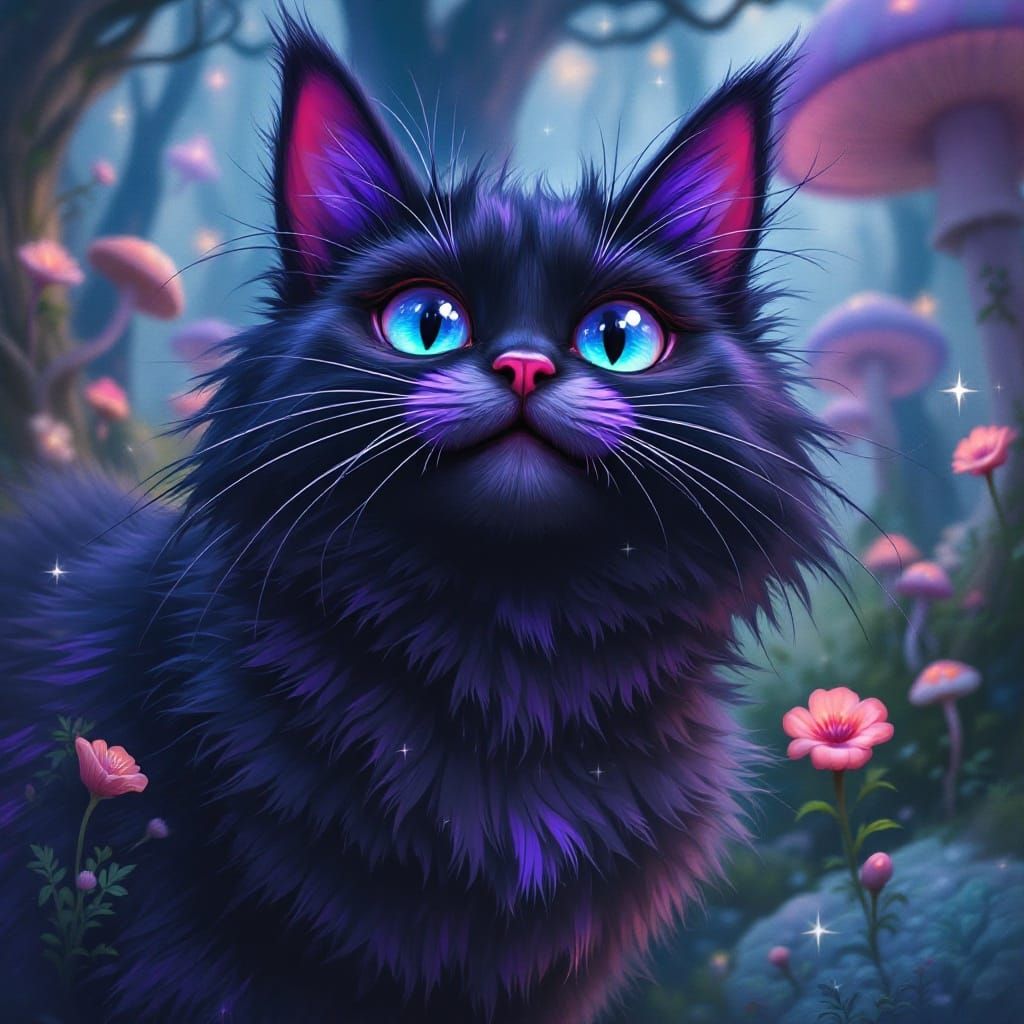 Whimsical Black Cat Reigns Over a Surreal Wonderland