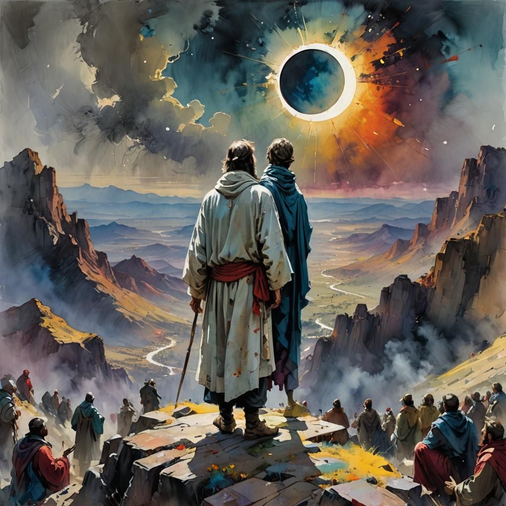 Messiah on Mountain with Eclipse, Impressionistic Watercolor
