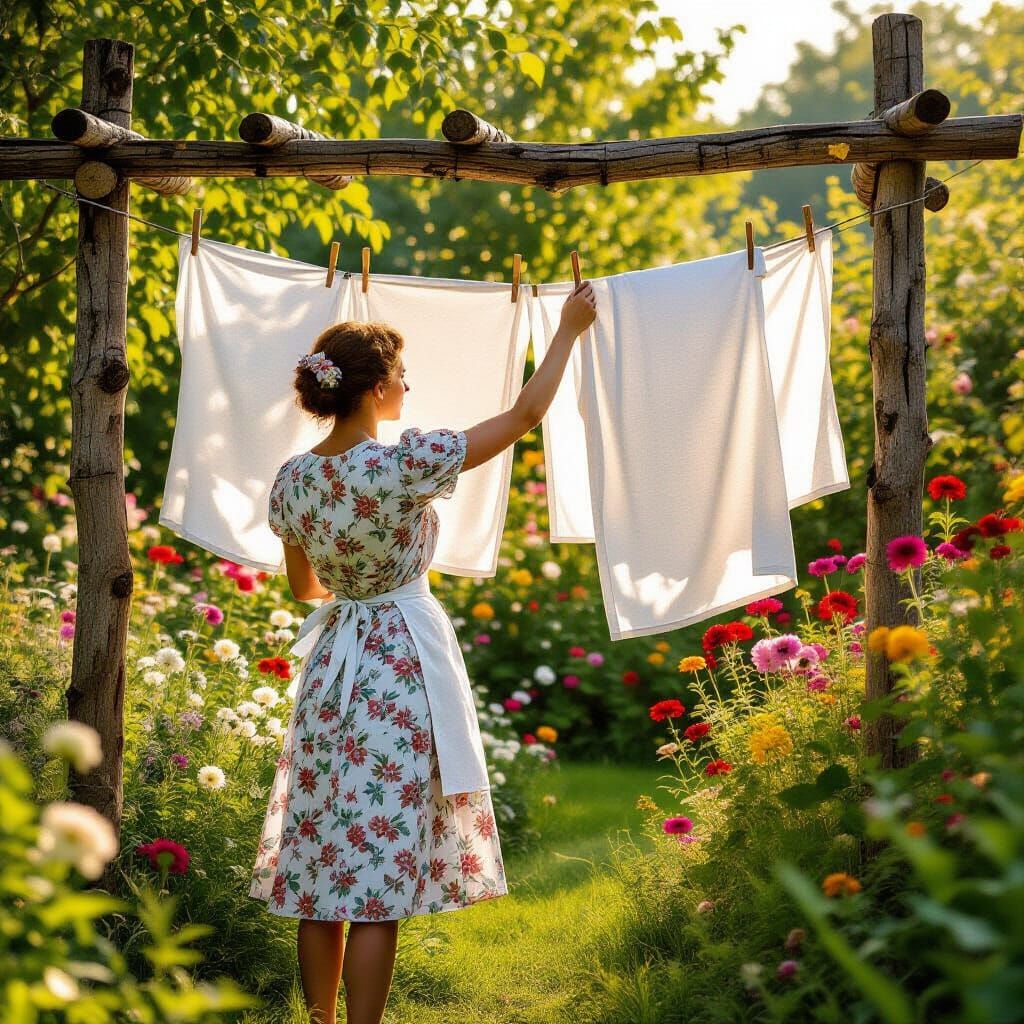 English Woman in Garden Hanging Laundry