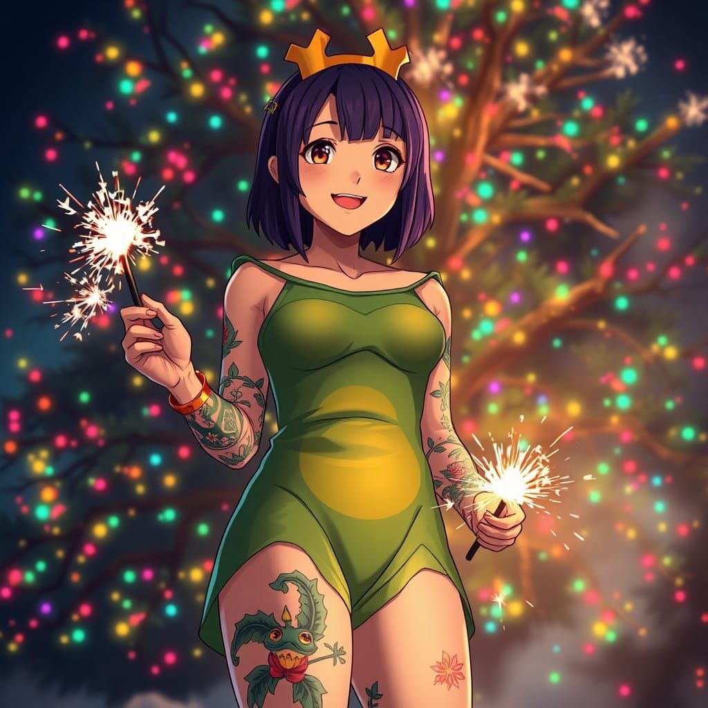 Joyful Anime Girl with Frog Costume Stands with Sparklers an...