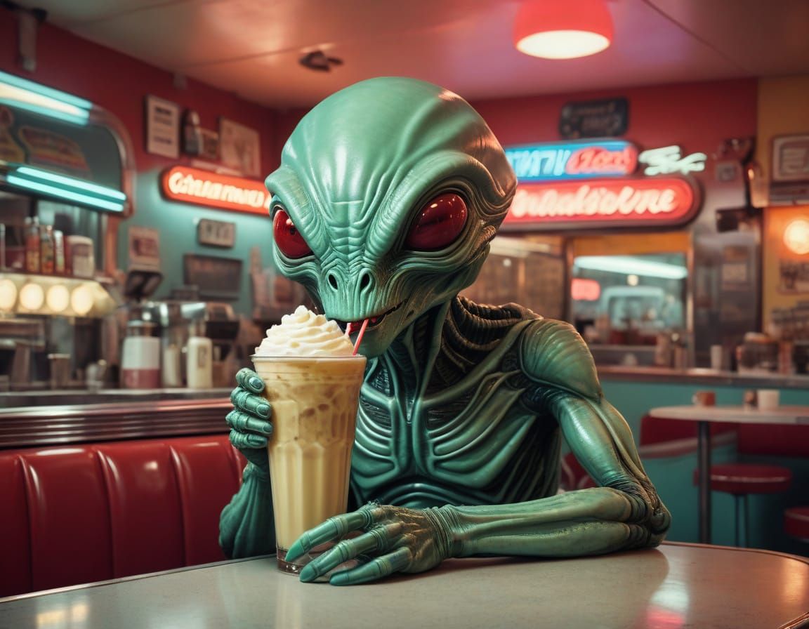 Alien Sips Milkshake in Retro Diner, Airbrush Art