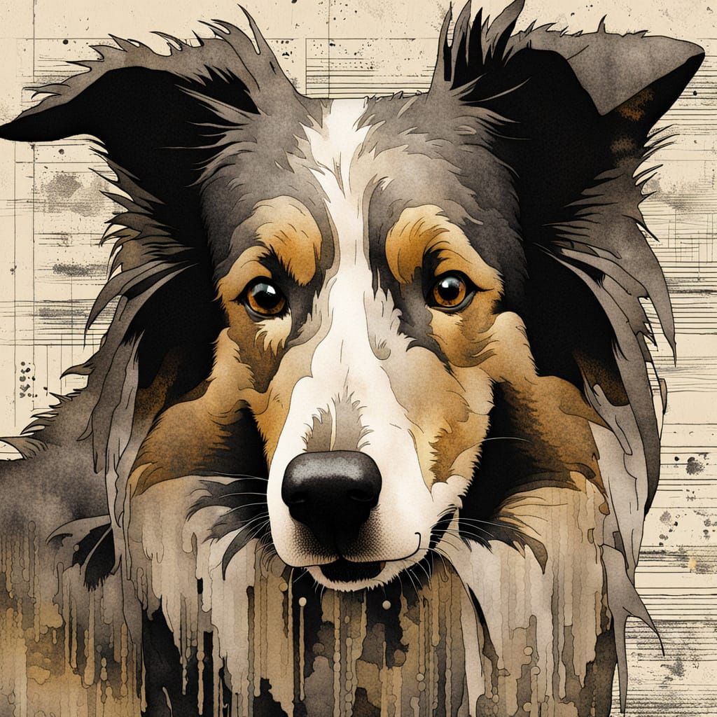 Glitch art. Binary code. (Portrait of an old Collie dog :1.4). Farm setting. Moody. Surreal. Illustration by Tim Burton...