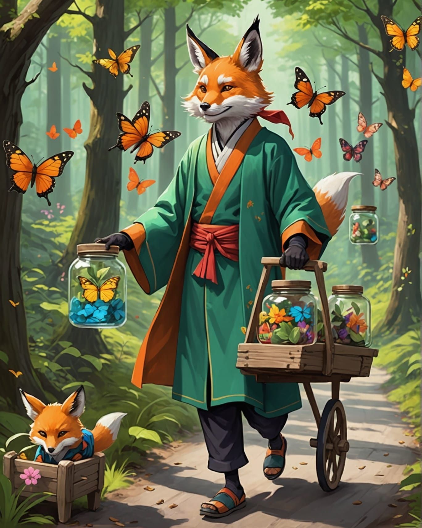 Kitsune Merchant Selling Butterflies: Anime Fantasy