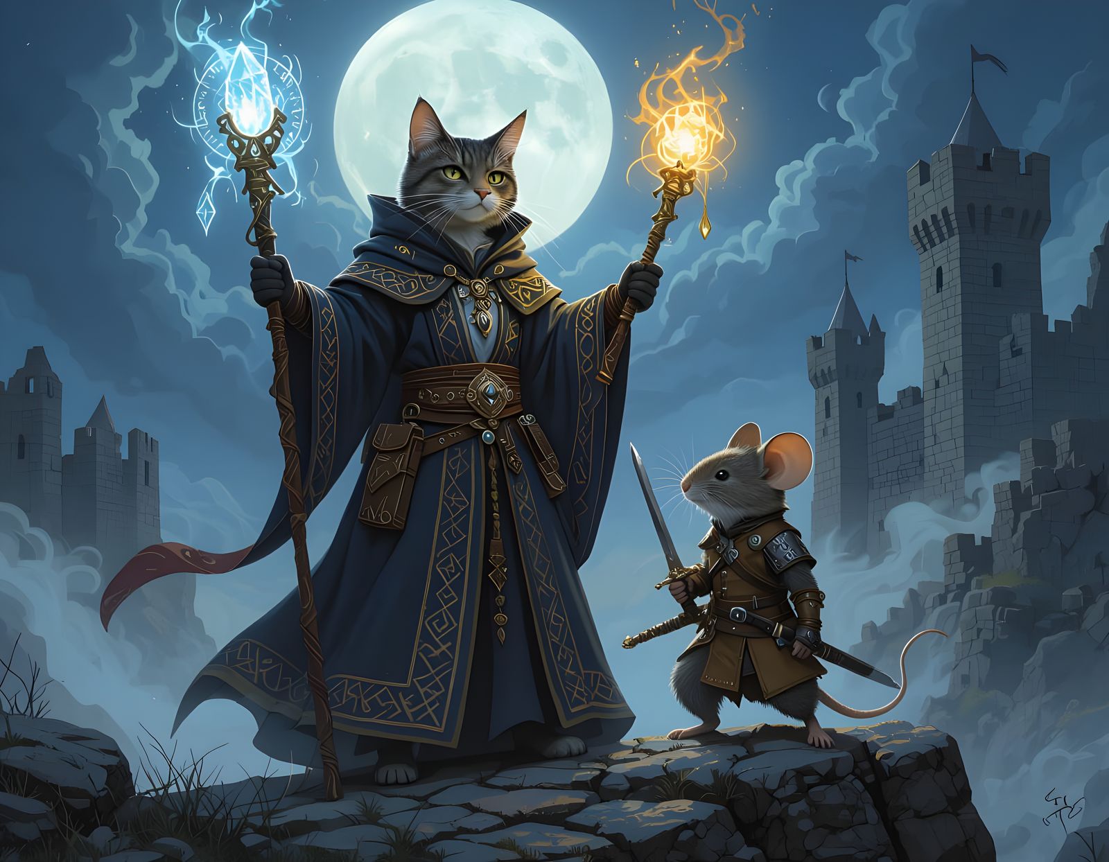 Epic Cat Sorcerer and Mouse Sidekick Fantasy Illustration