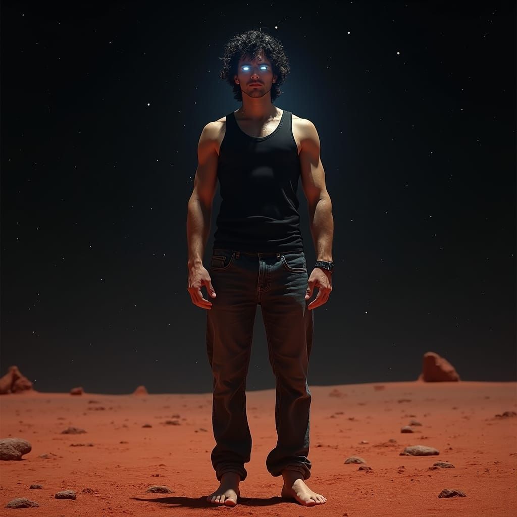 Man with Glowing Eyes on Barren Planet