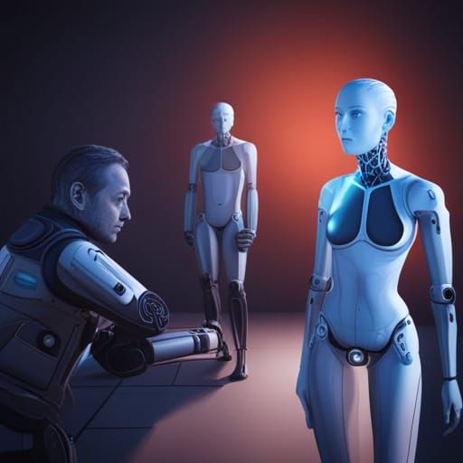 Medical Robots Caring for People in a Futuristic Scene