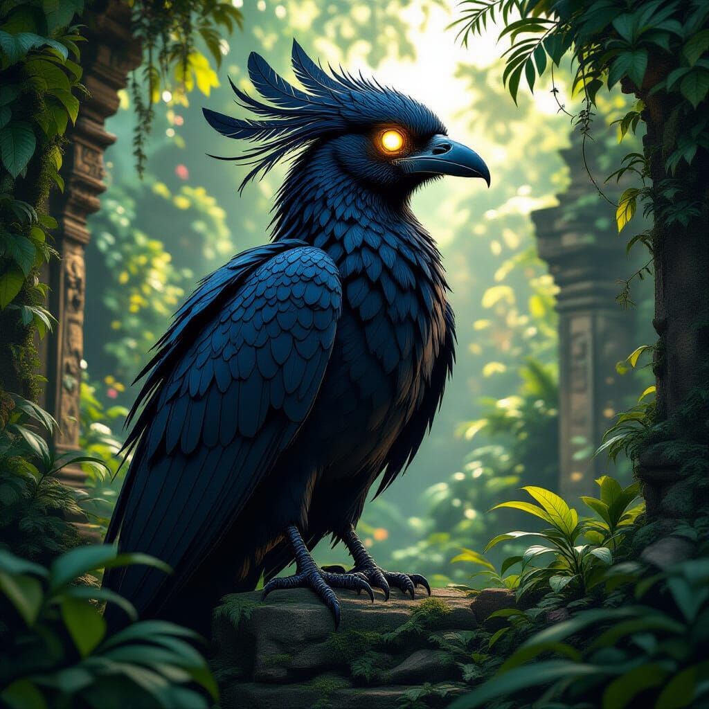 Ornate Bird Perched in Jungle Ruins