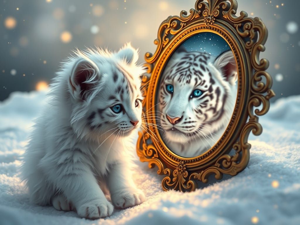 Dreamlike Kitten Encounters Ethereal White Tiger in Celestia...