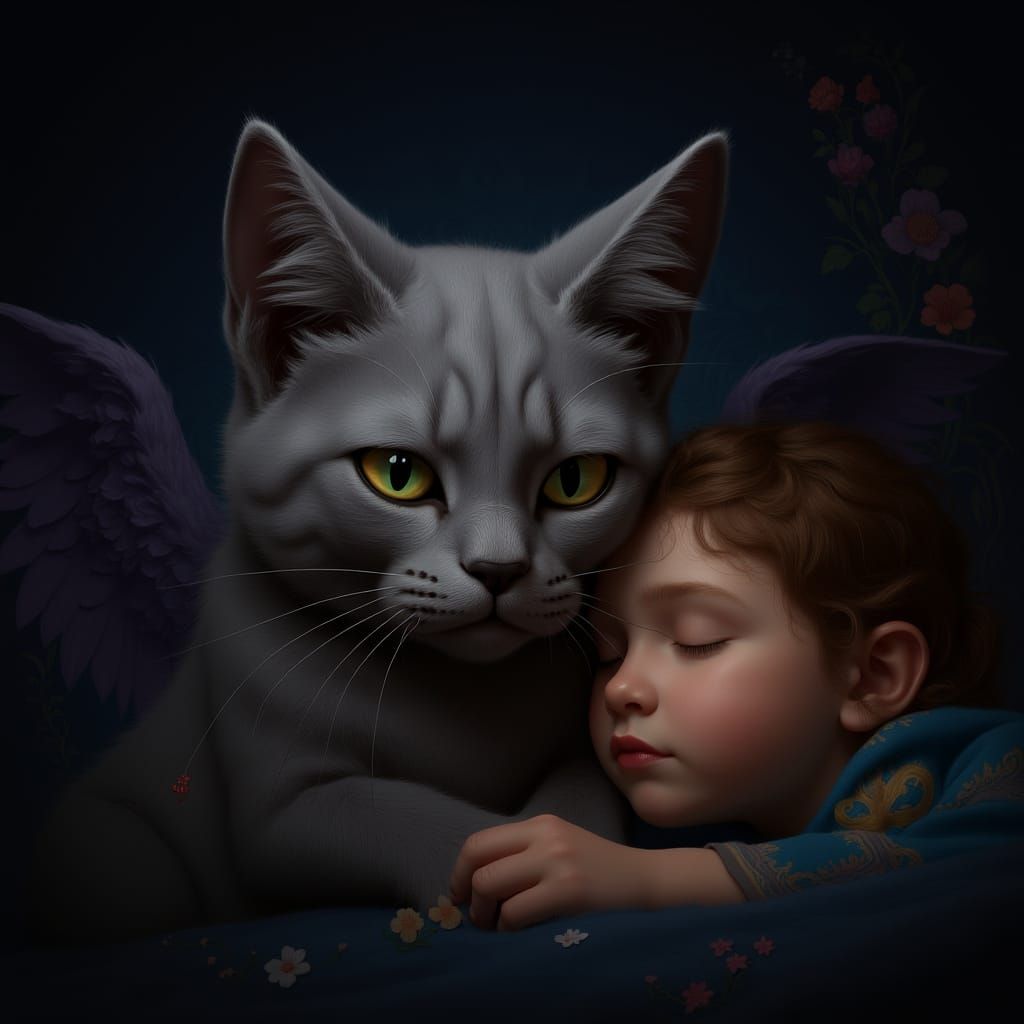 Dream Guardian: Cat with Wings in Matte Painting Style