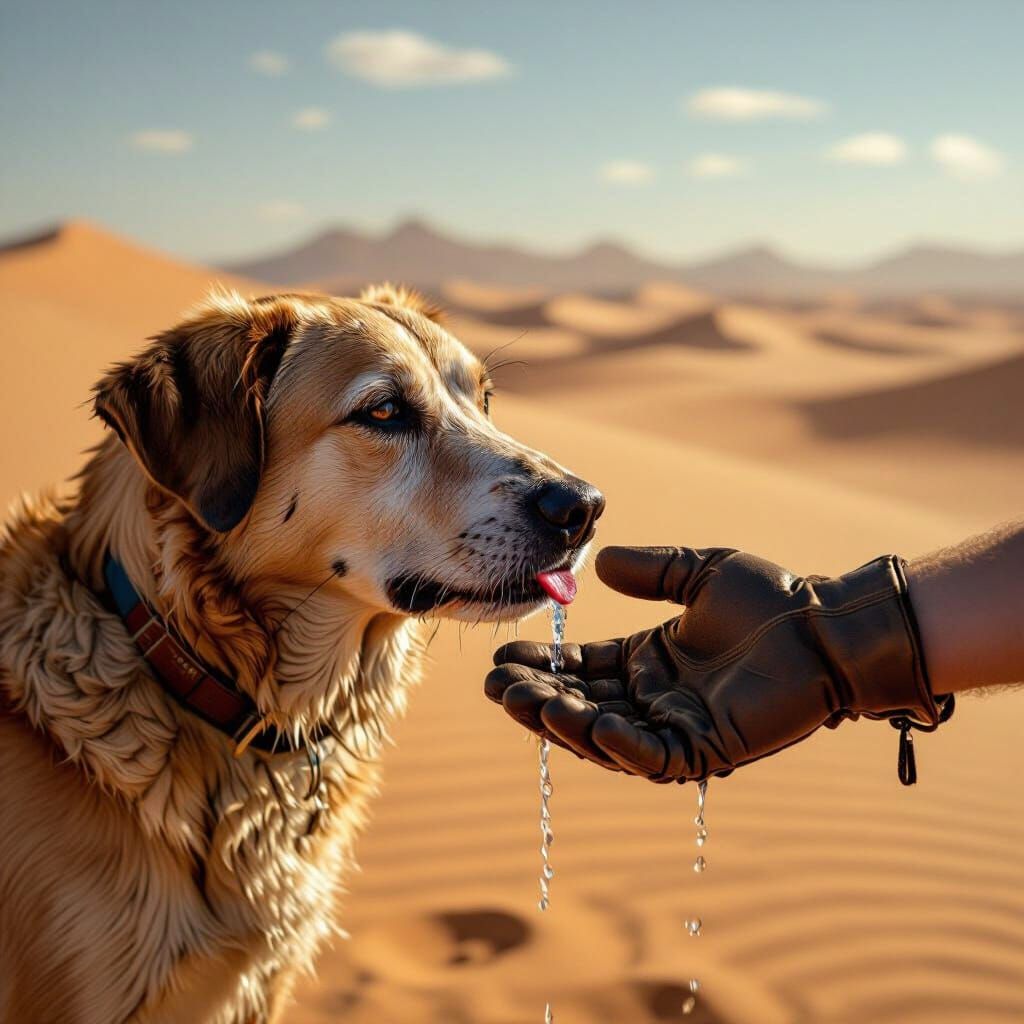Thirsty Dog Drinks in Desert Landscape
