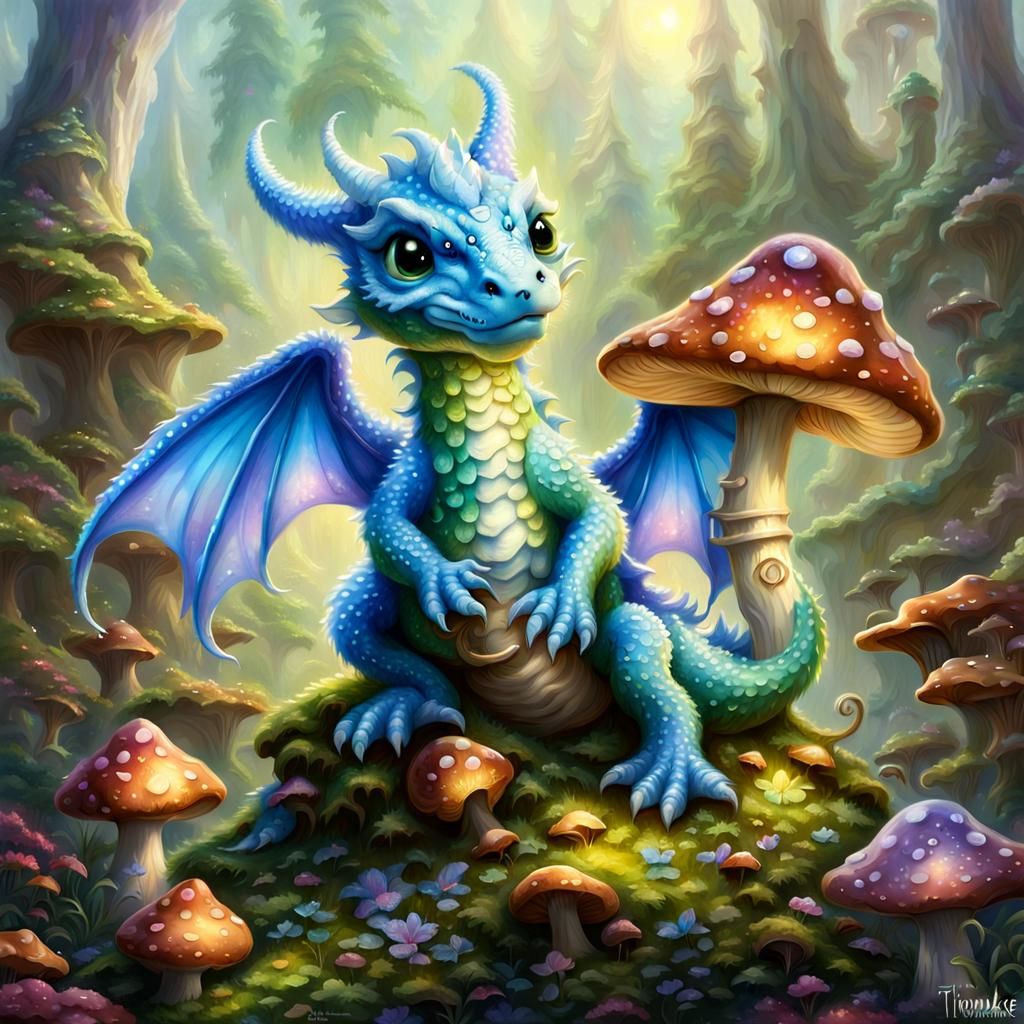 Adorable Baby Dragon on Mushroom in Ethereal Fantasy