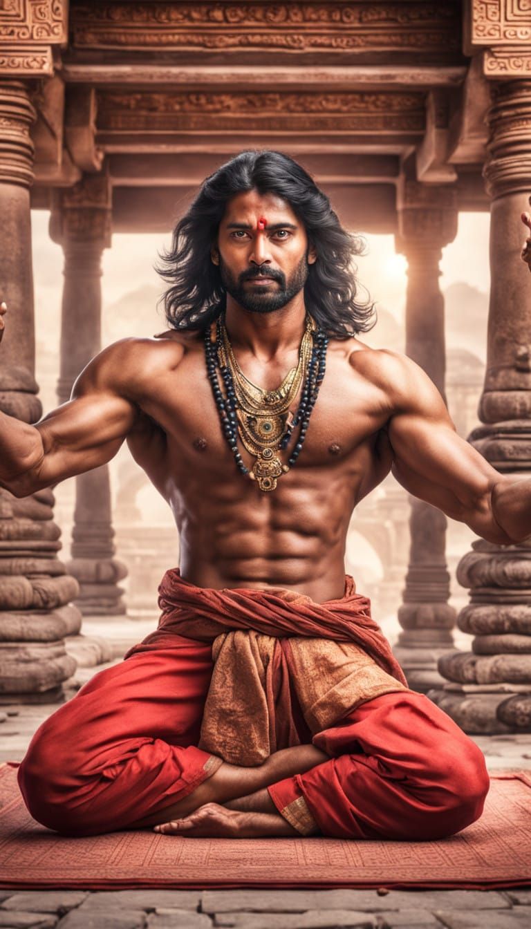 Muscular Indian Warrior in Yoga Pose, Against Ancient Temple