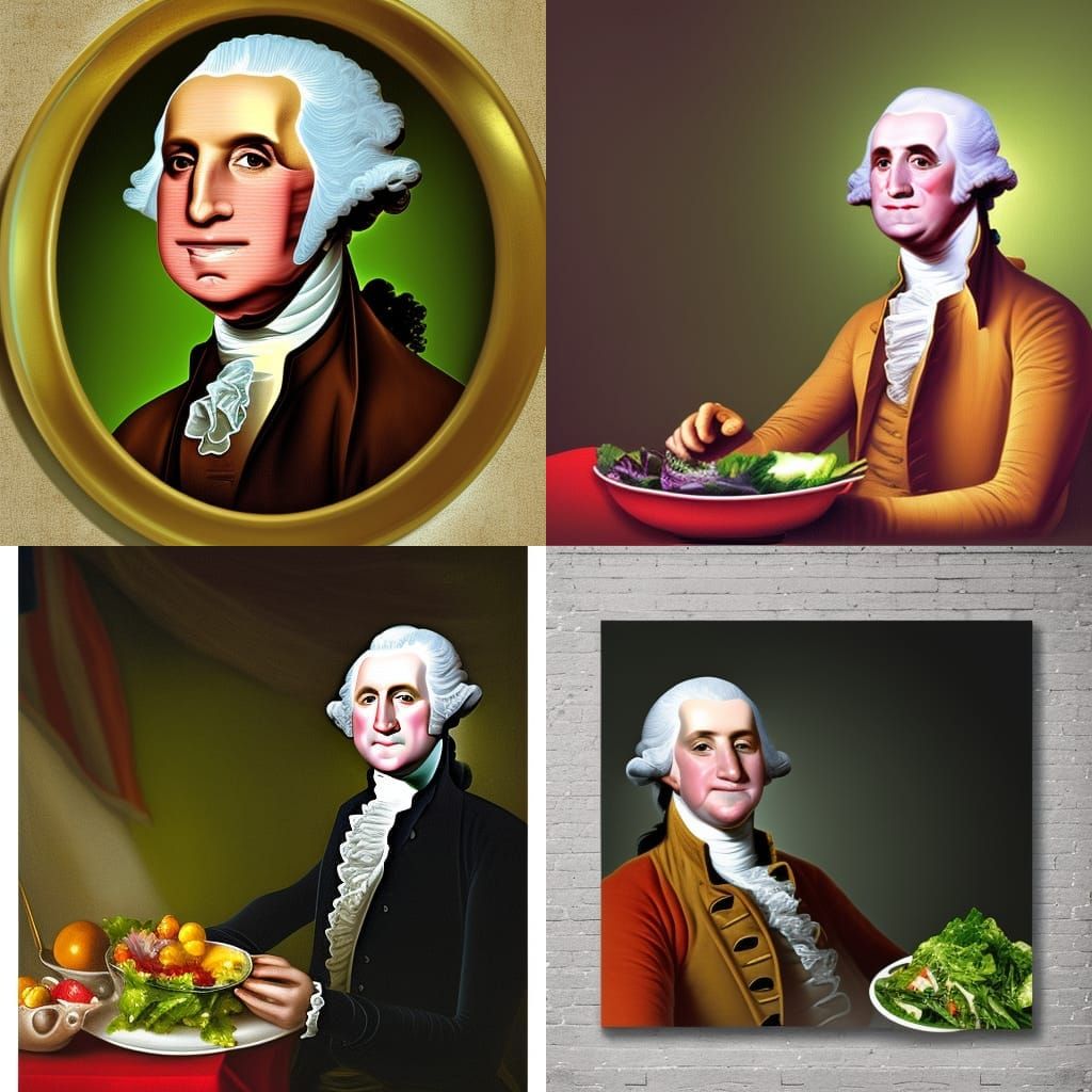 Hyperrealistic George Washington Laughing and Eating Salad