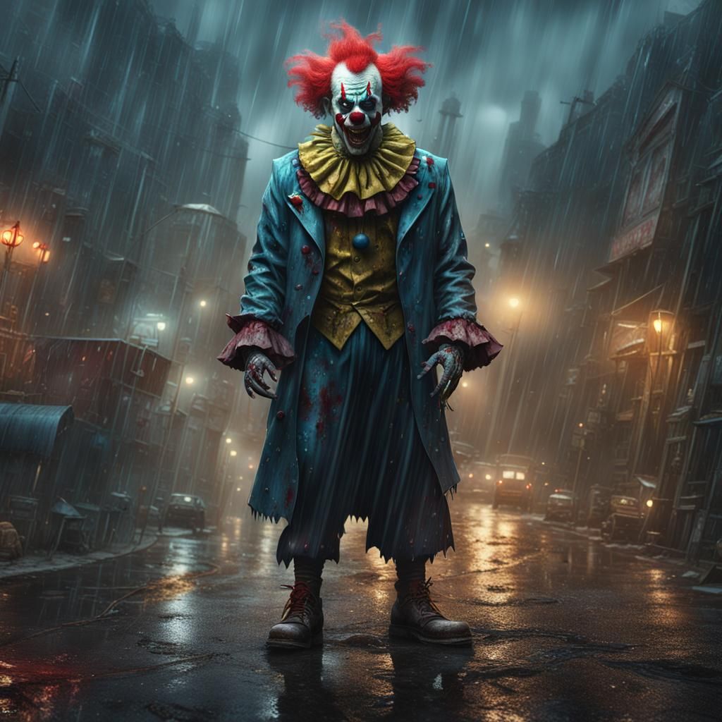 zombie clown in the rain