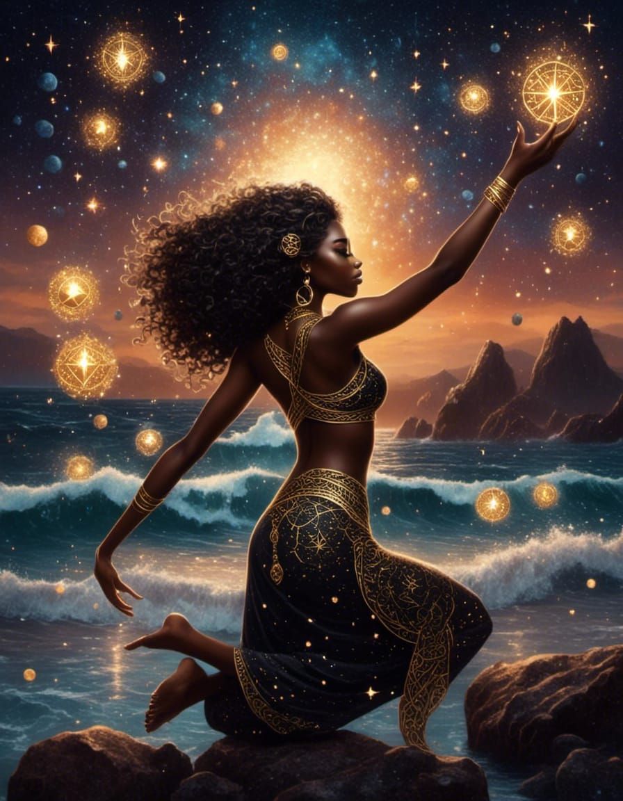 Young Woman Reaching for Stars with Viking Runes