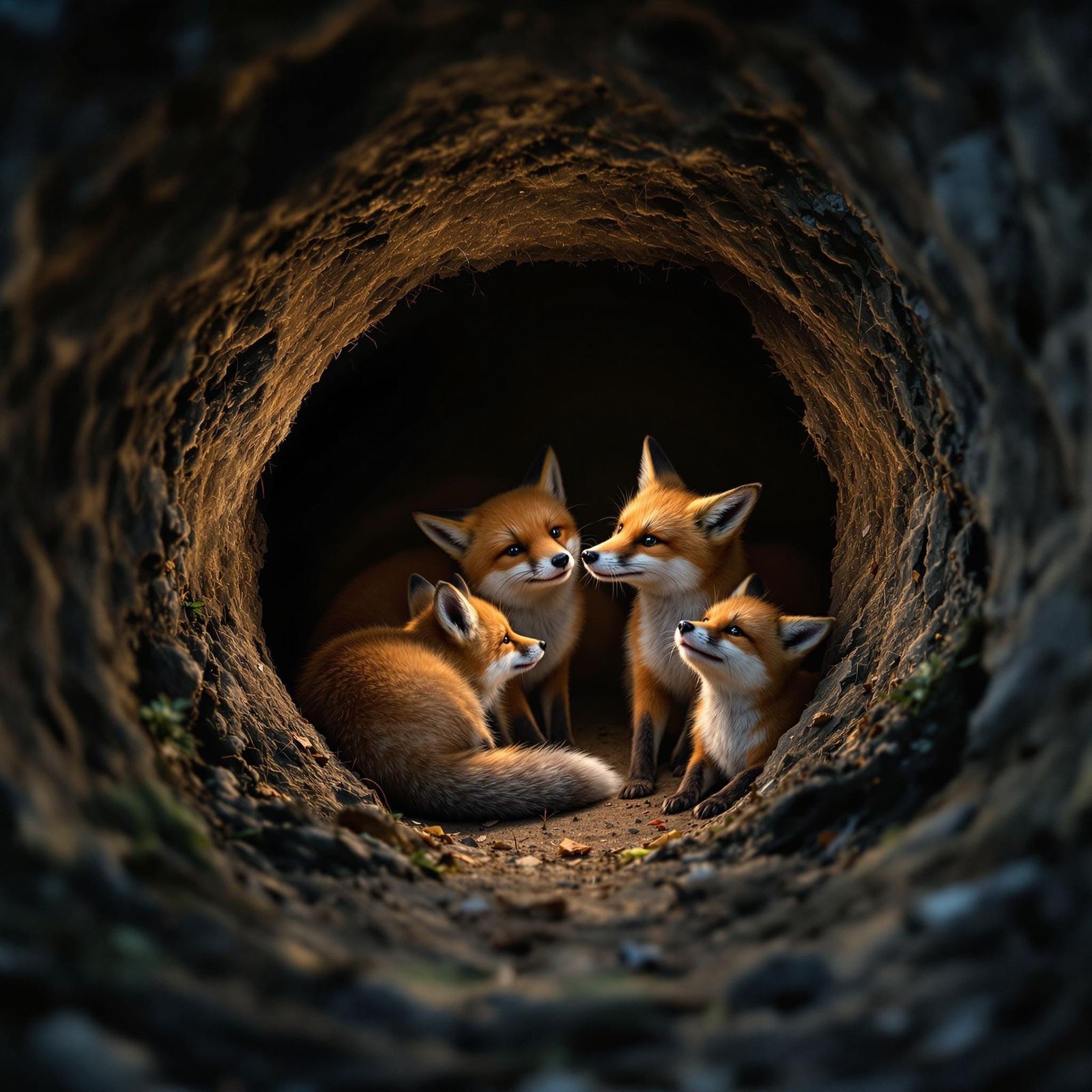Fox Family Waking in Underground Burrow