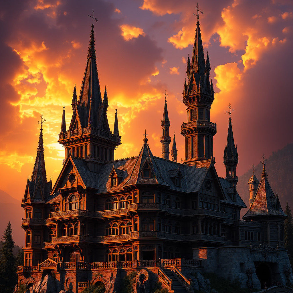 Majestic Wooden Castle Under Fiery Sky