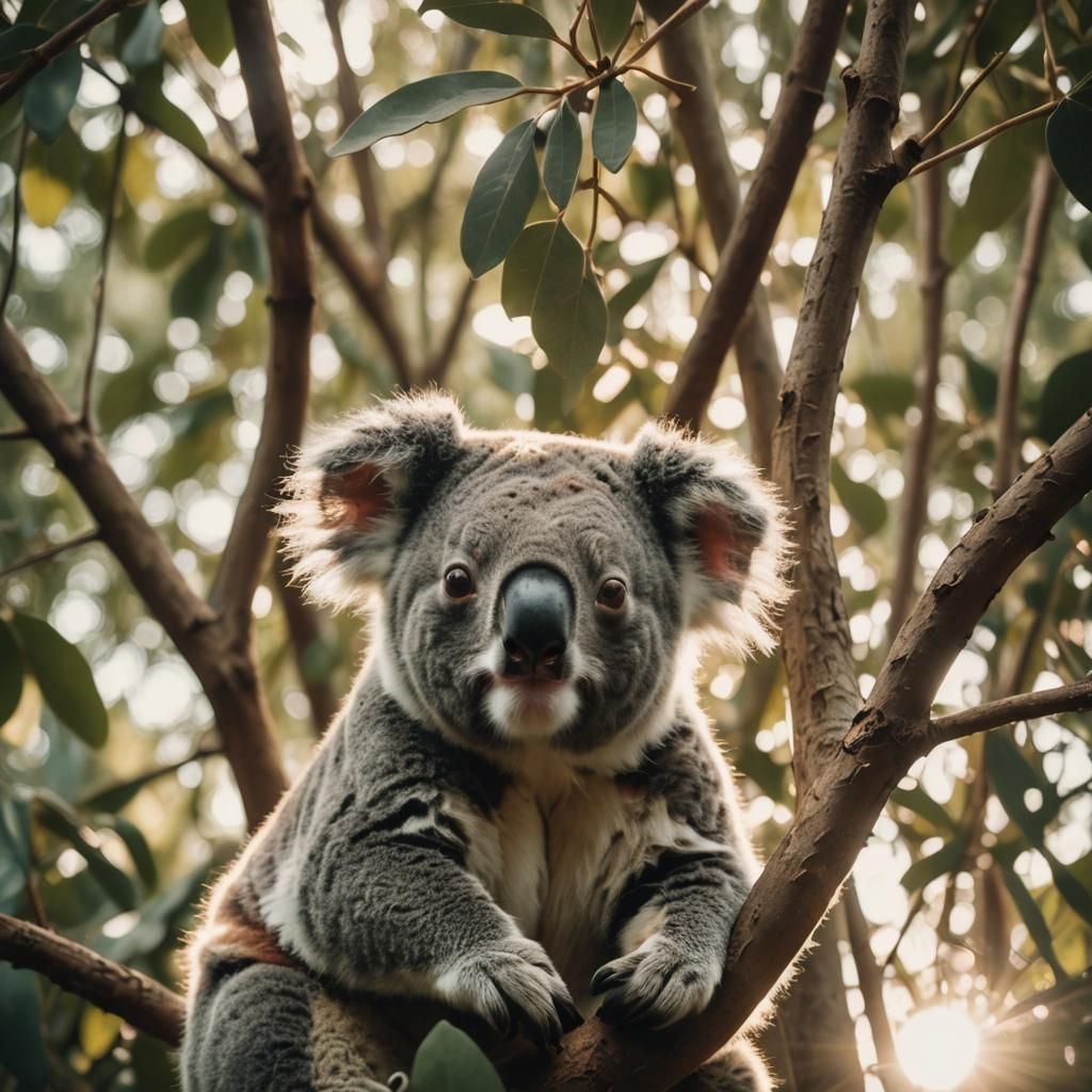 Sleepy Koala in Sunlight: Cinematic Film Still