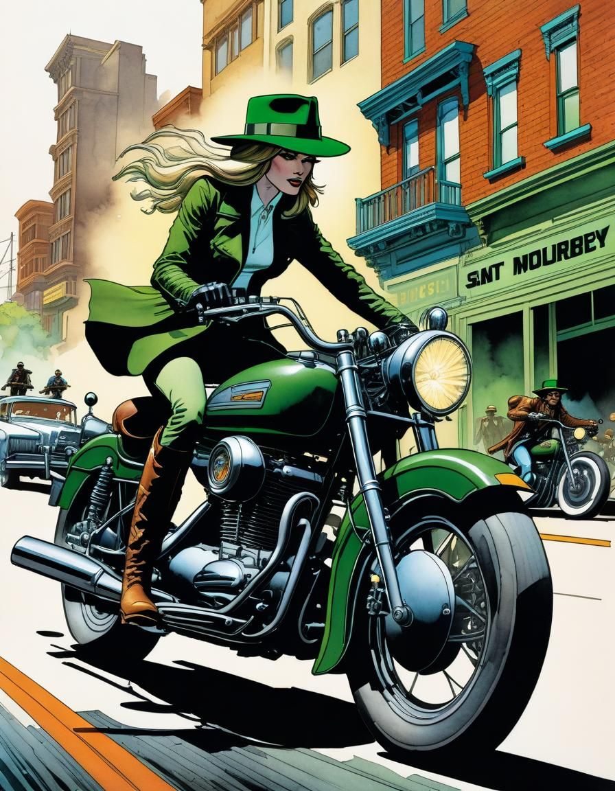 San Francisco Motorcycle Chase in Watercolor Comic Art