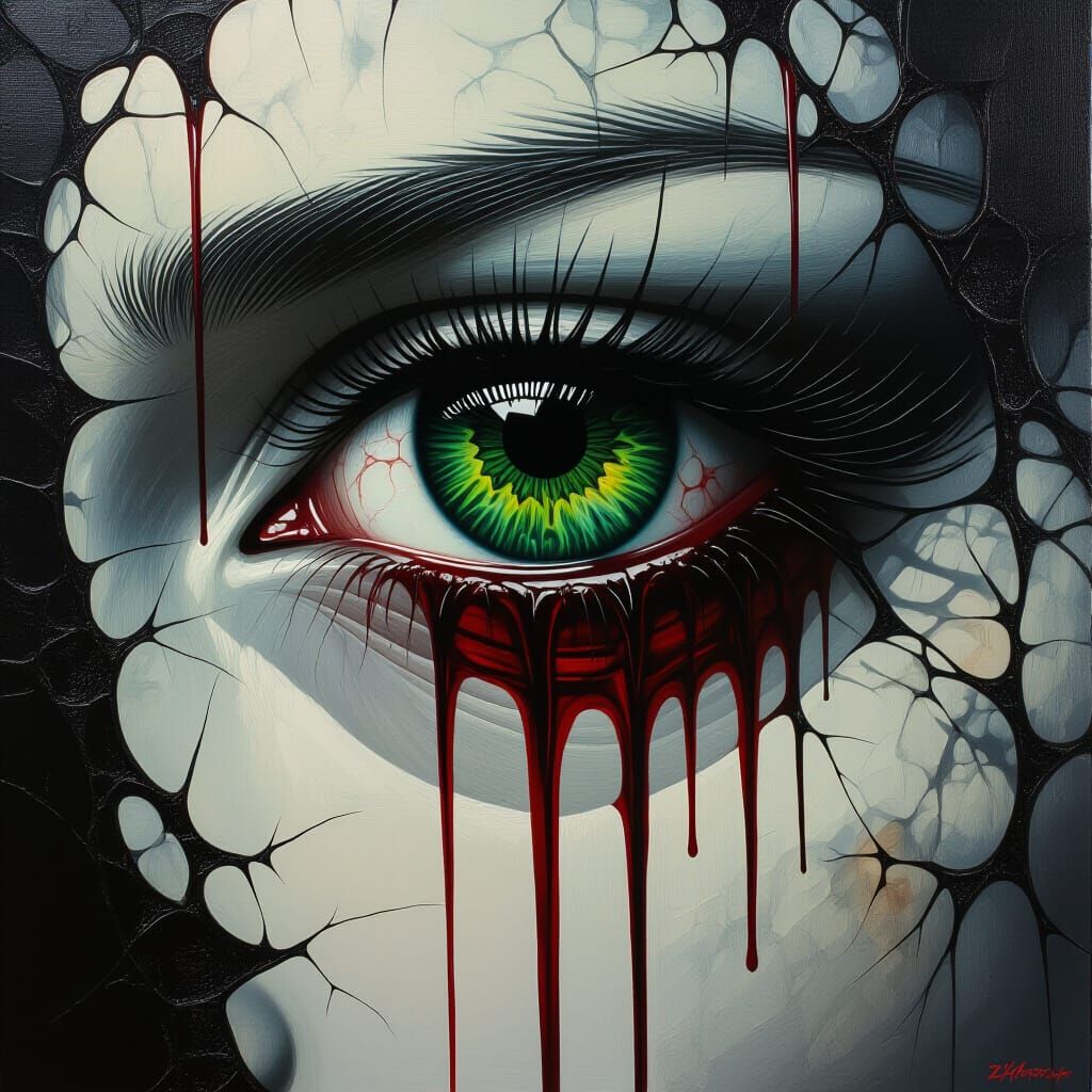 Bleeding Eye Reflects Desolate Landscape as Oil Painting