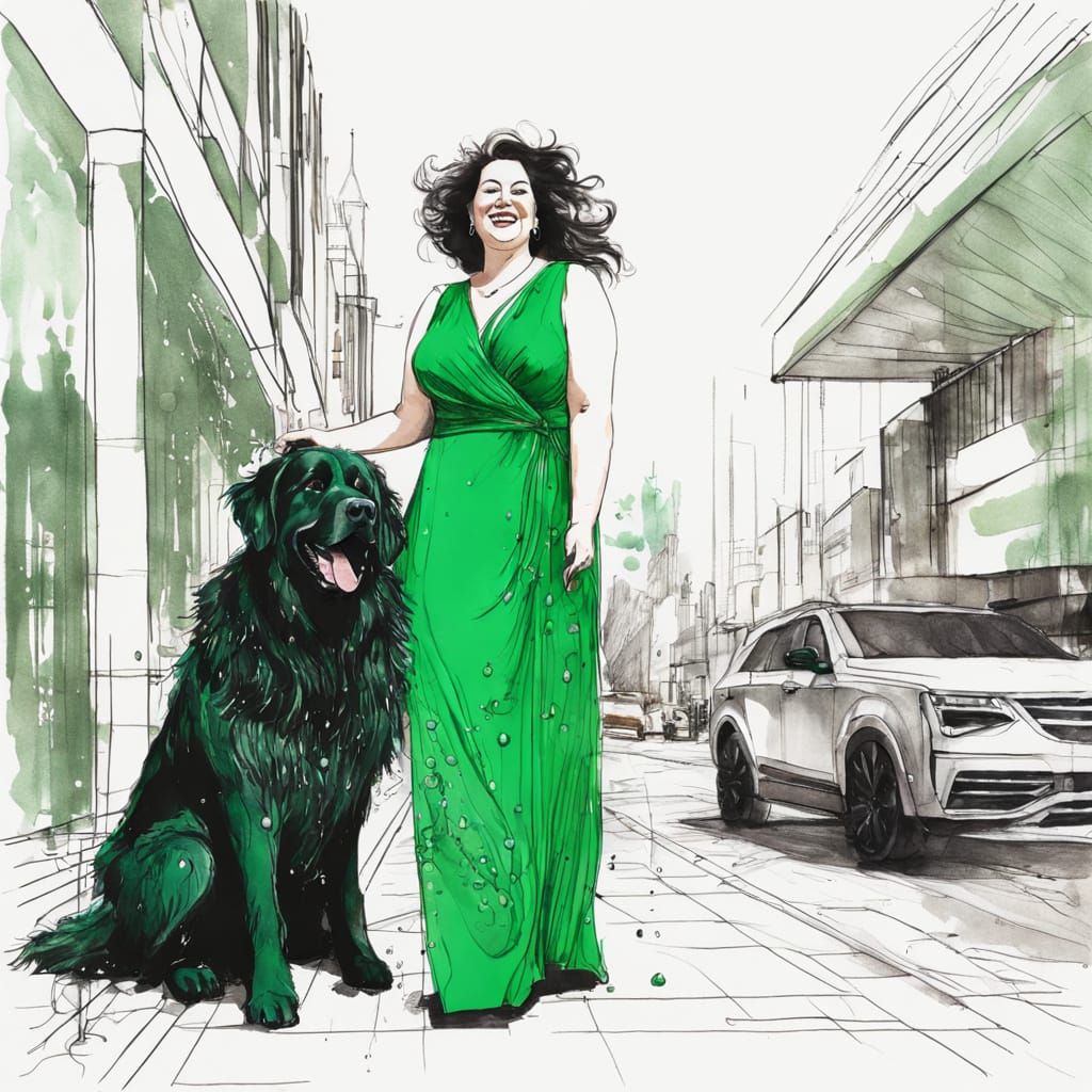 Fashion Sketch: Woman and Newfoundland Dog in Green Dress