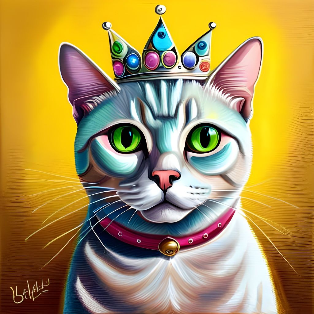 Cream Cat with Crown: Hyperrealistic Oil Painting