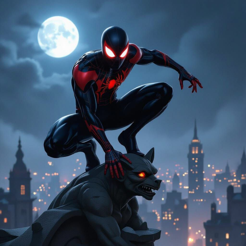 Spider-Man in Black Suit on Gargoyle