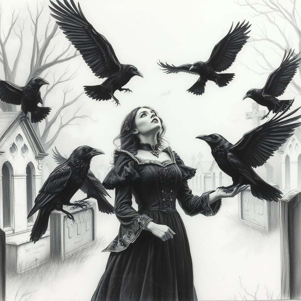 Gothic Woman Feeds Ravens in Cemetery