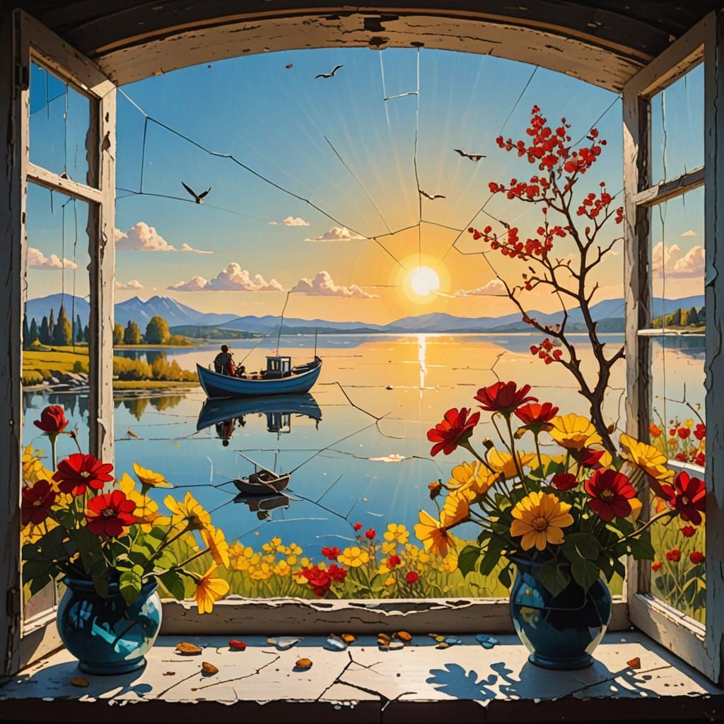 Surreal Lake Scene with Broken Window and Silhouetted Fisher...