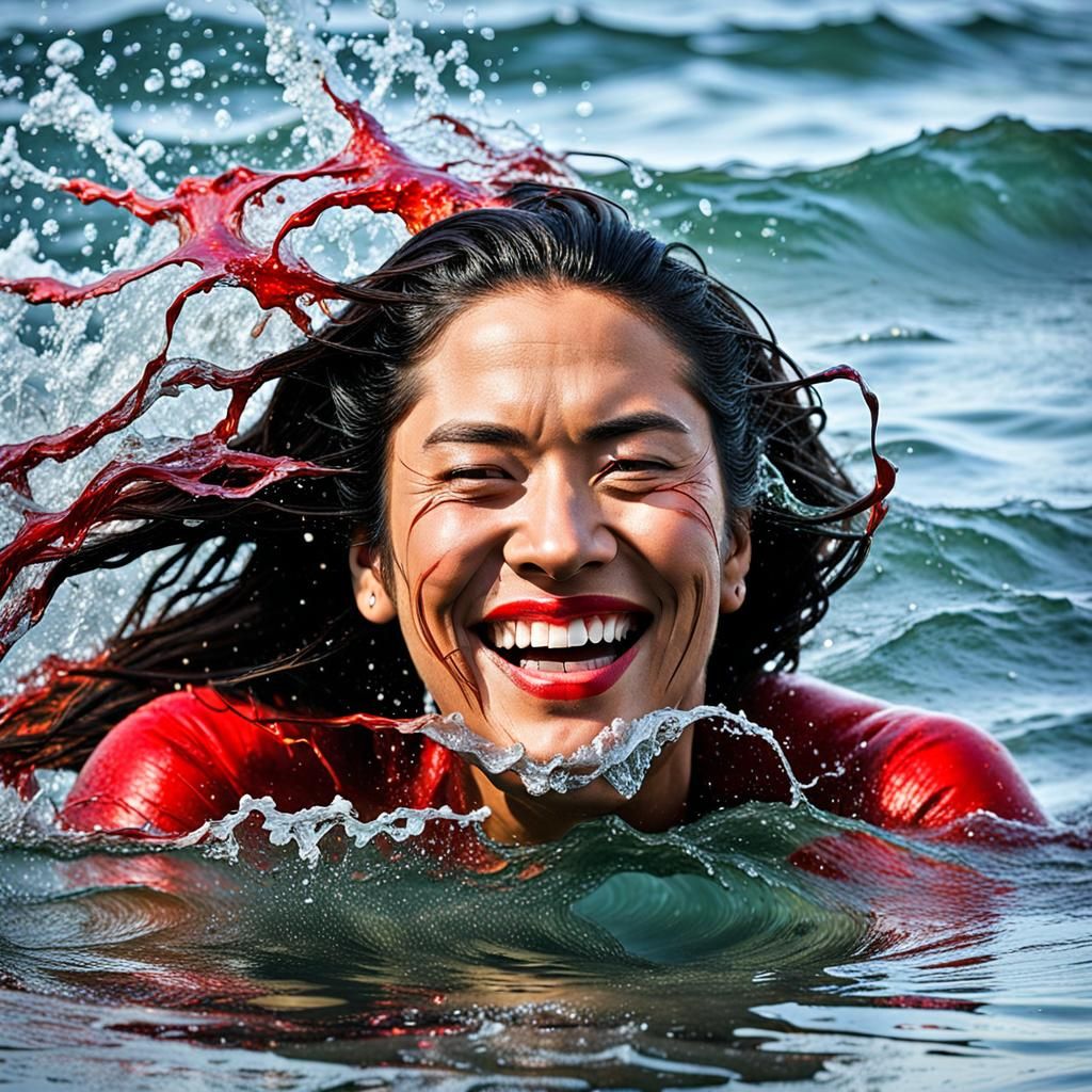 Woman Swimming in Tropical Sea in Cubist Style