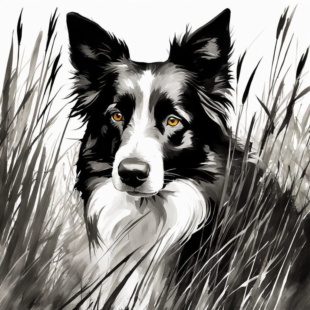 Minimalist Calligraphy Sketch of Border Collie