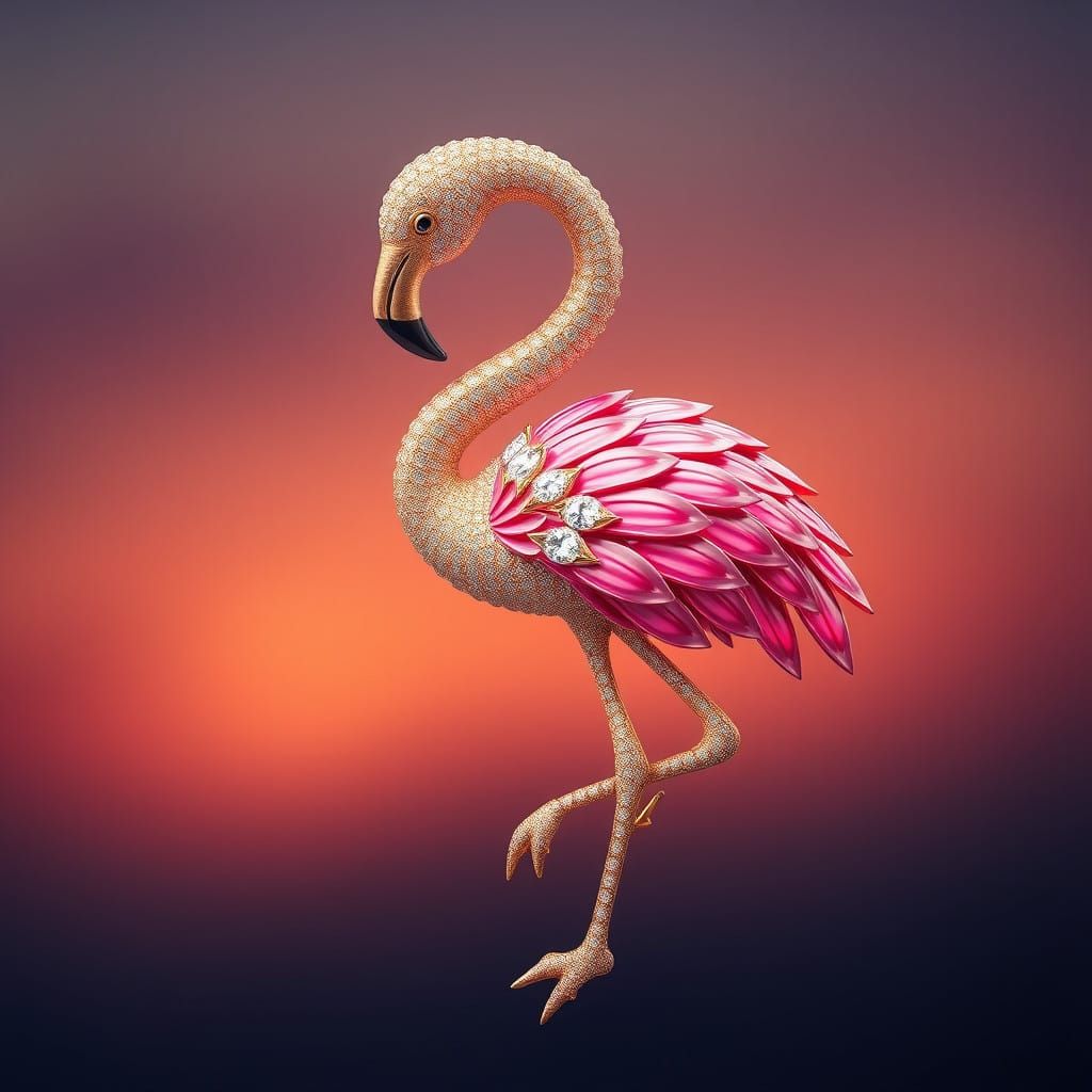 Luxurious Flamingo Brooch in Enamel and Diamond