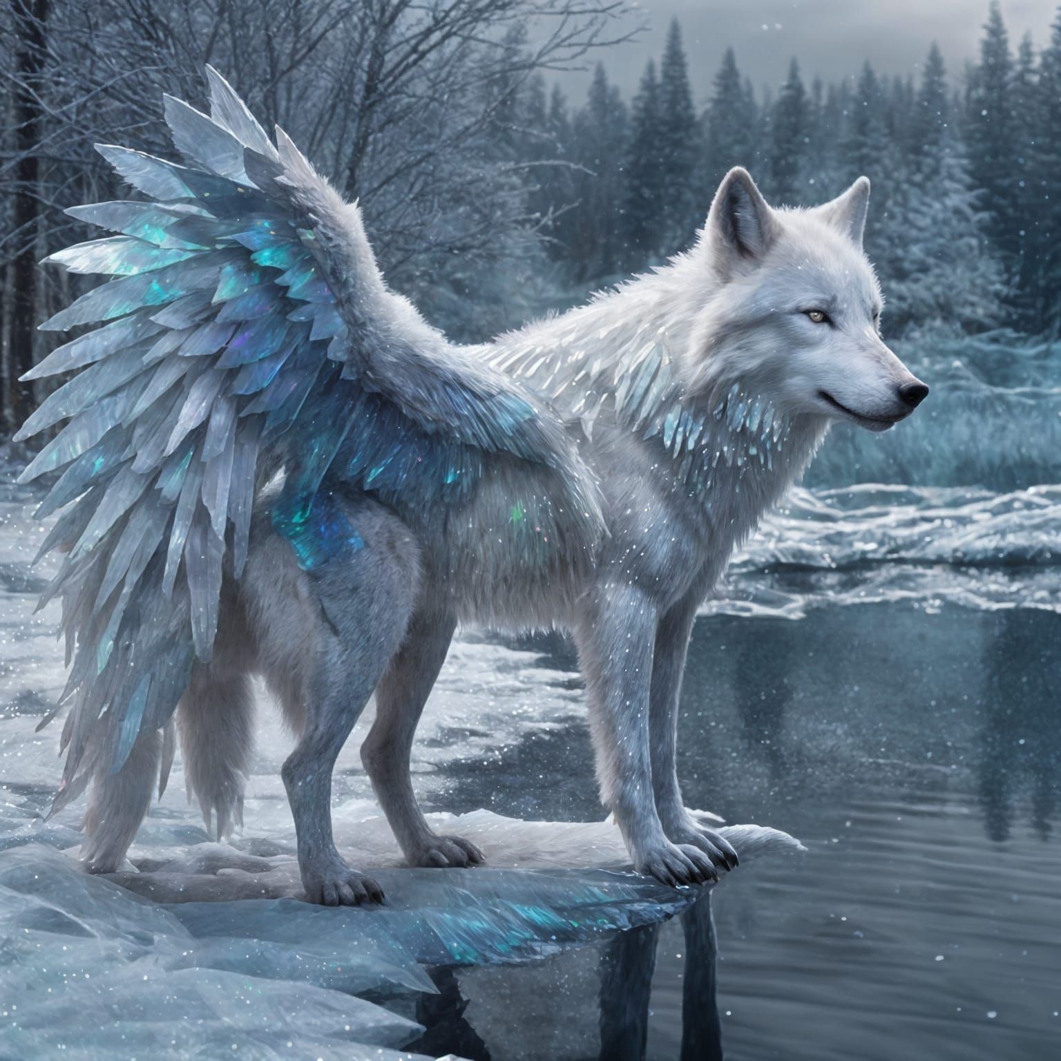 Moonlit, Frosty Lake Scene in Icy Wolf Form with Wings