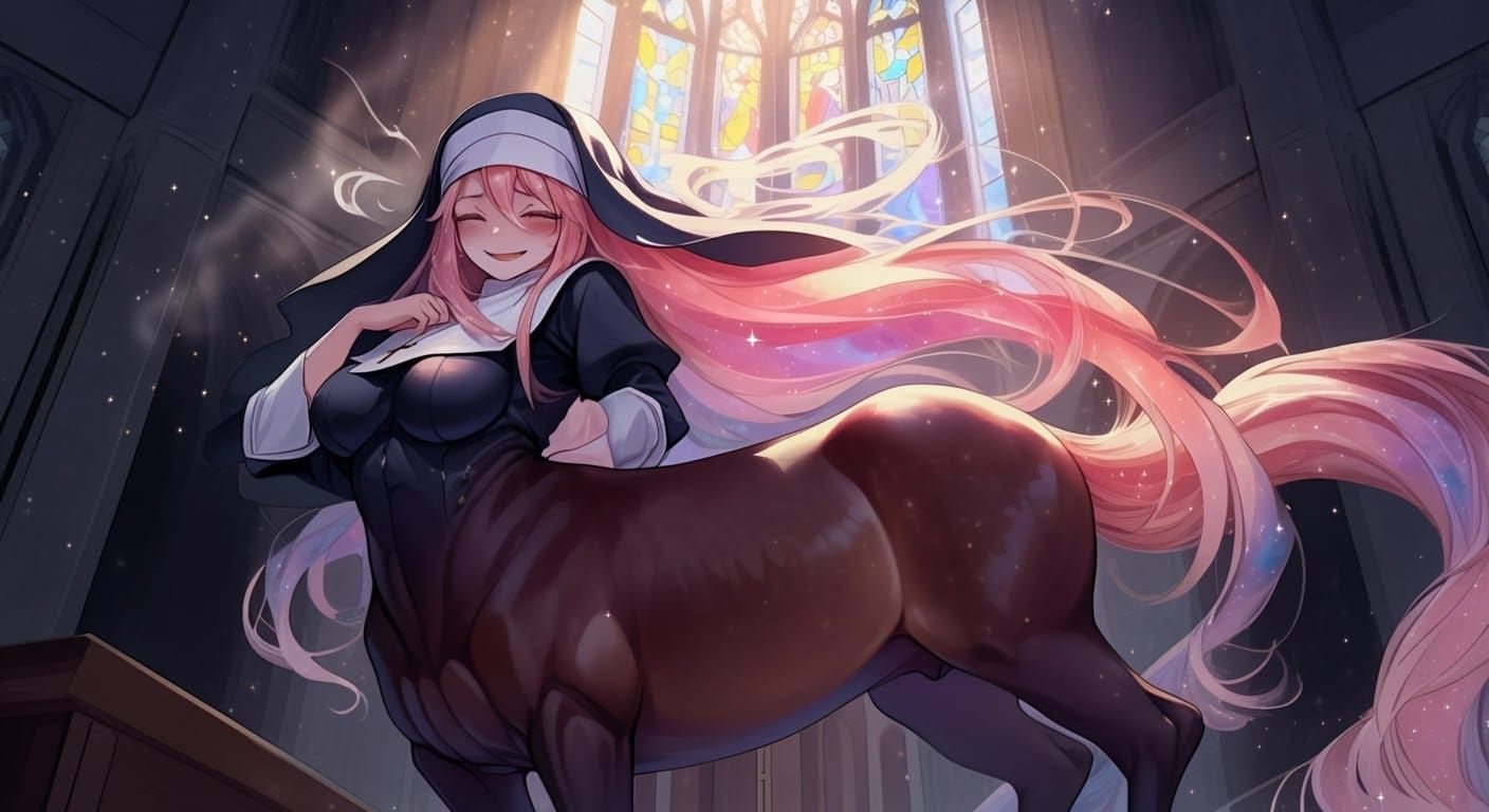 Centaur Nun in Dimly Lit Chapel, Digital Art