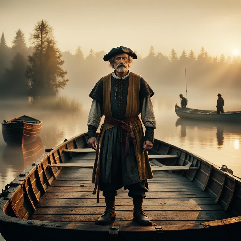 Medieval Boat Master in Rembrandt-Inspired Dawn