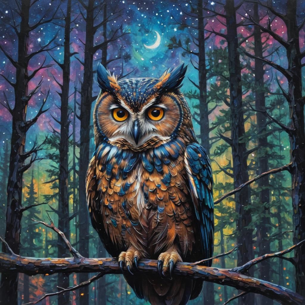 Owl Silhouette Forest Landscape in Expressionist Impasto Sty...