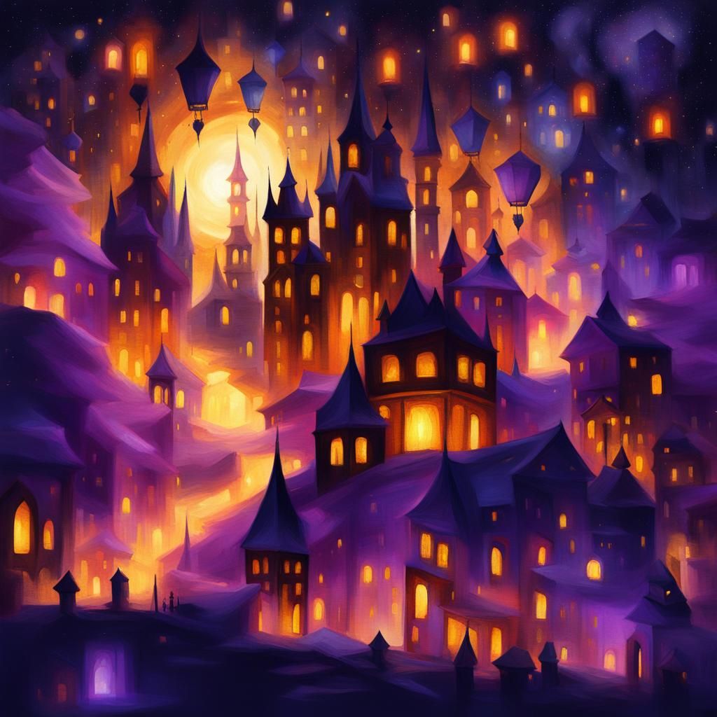 Magical City at Night in Vibrant Oil Painting