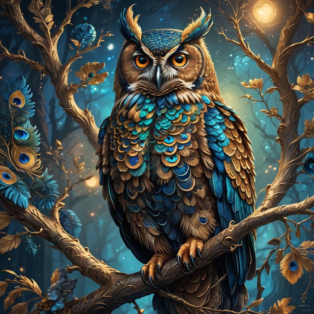 Peacock Feathered Owl Concept Art in Magical Realism