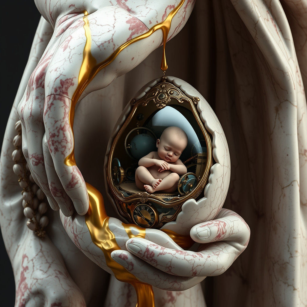 Statue Holding Steampunk Egg with Fetus