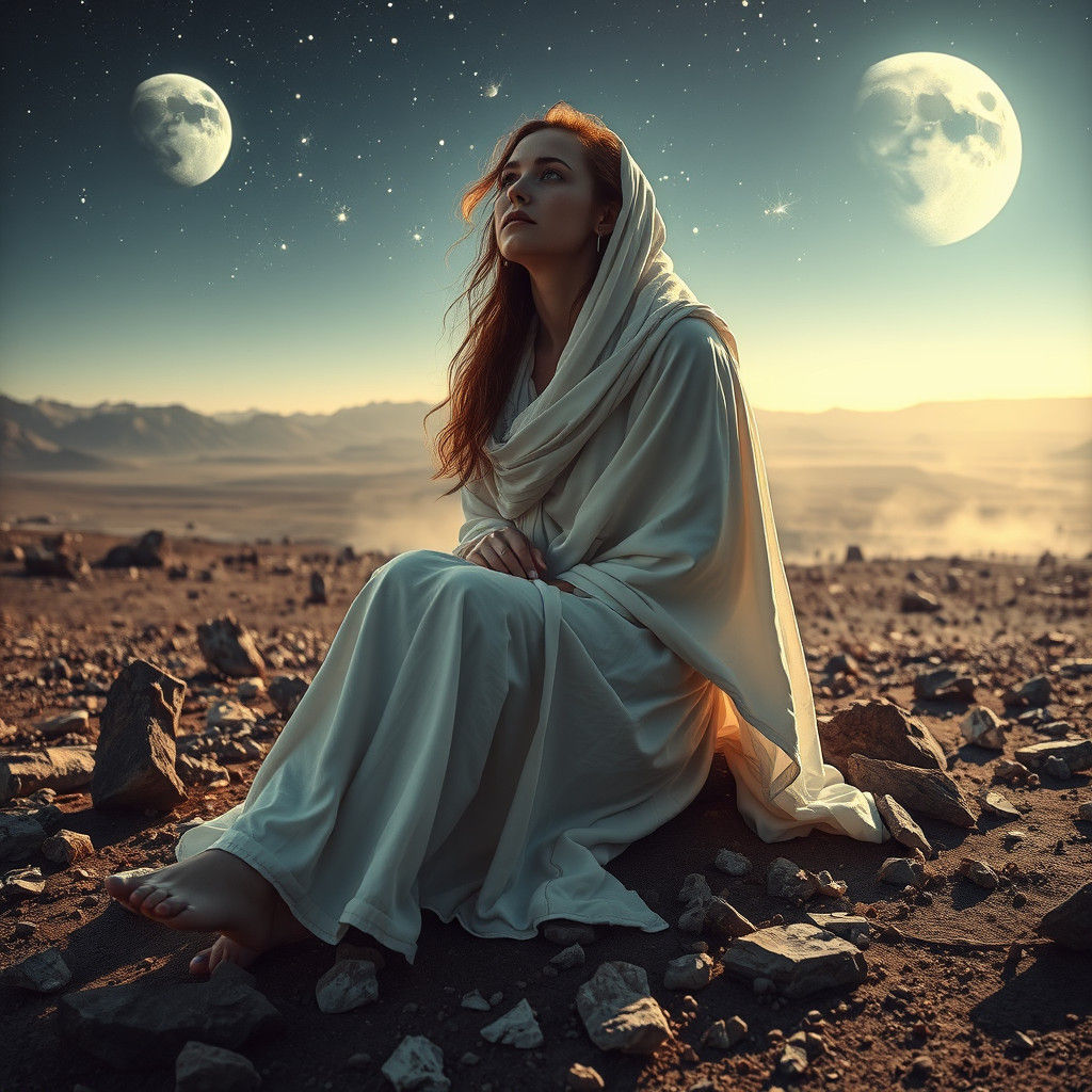 Serene Woman on Desolate Planet in Dystopian Style