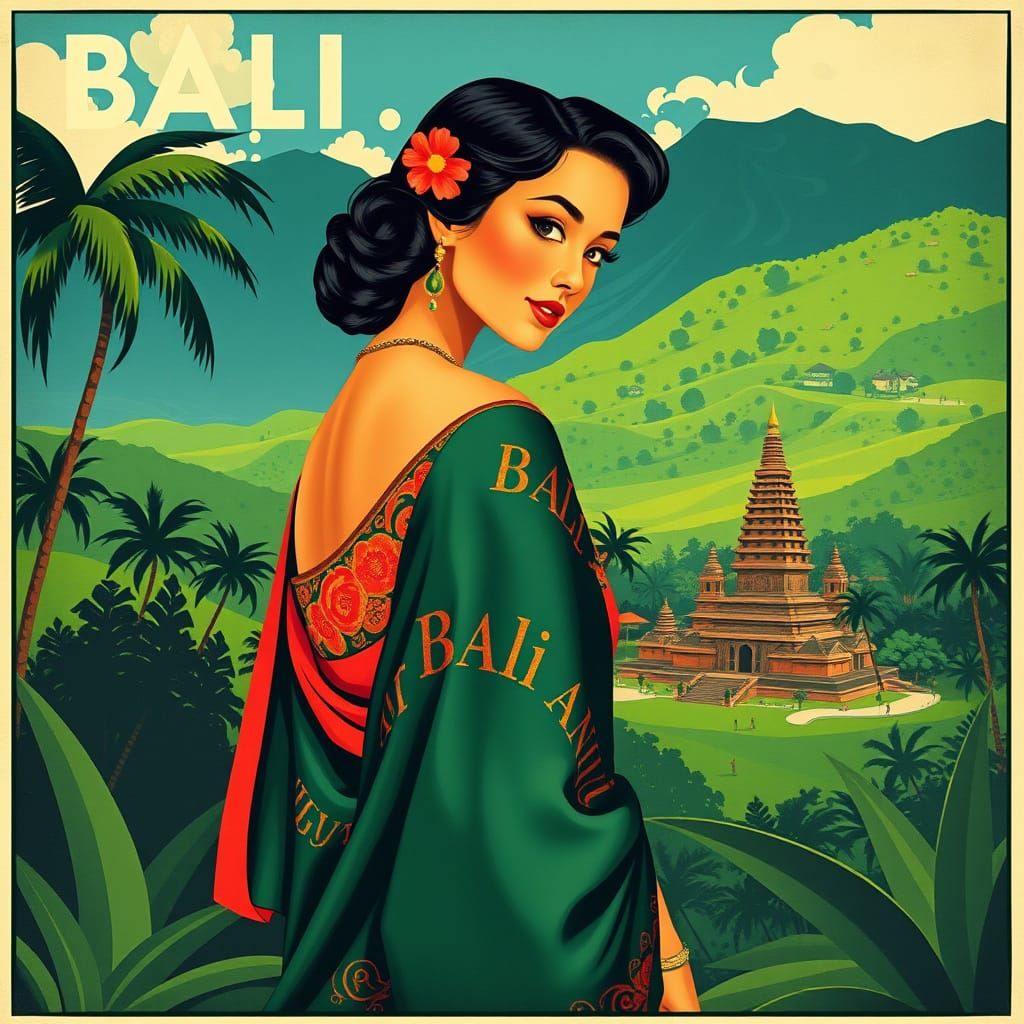 Vintage Bali Travel Poster: Woman in Traditional Attire