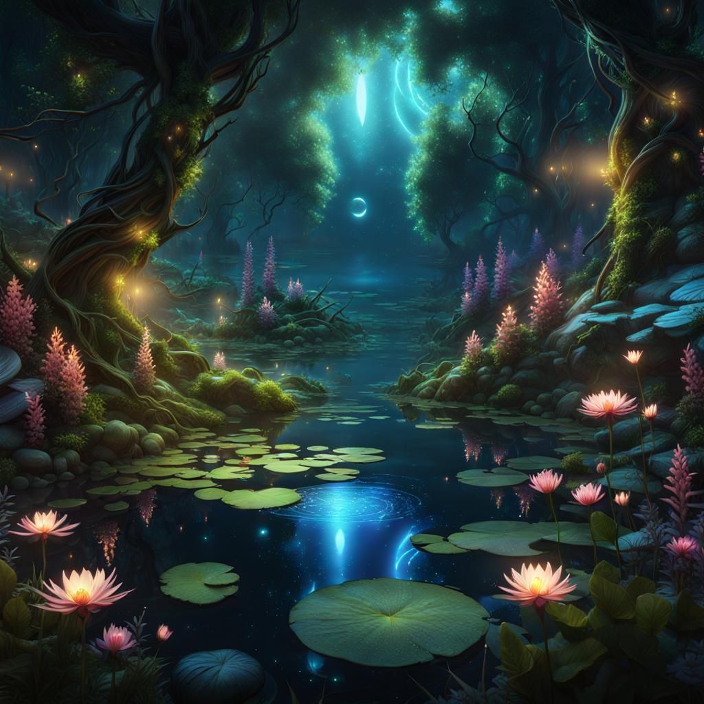 Ornate Pond in Glowing Forest: Dark Fantasy Art