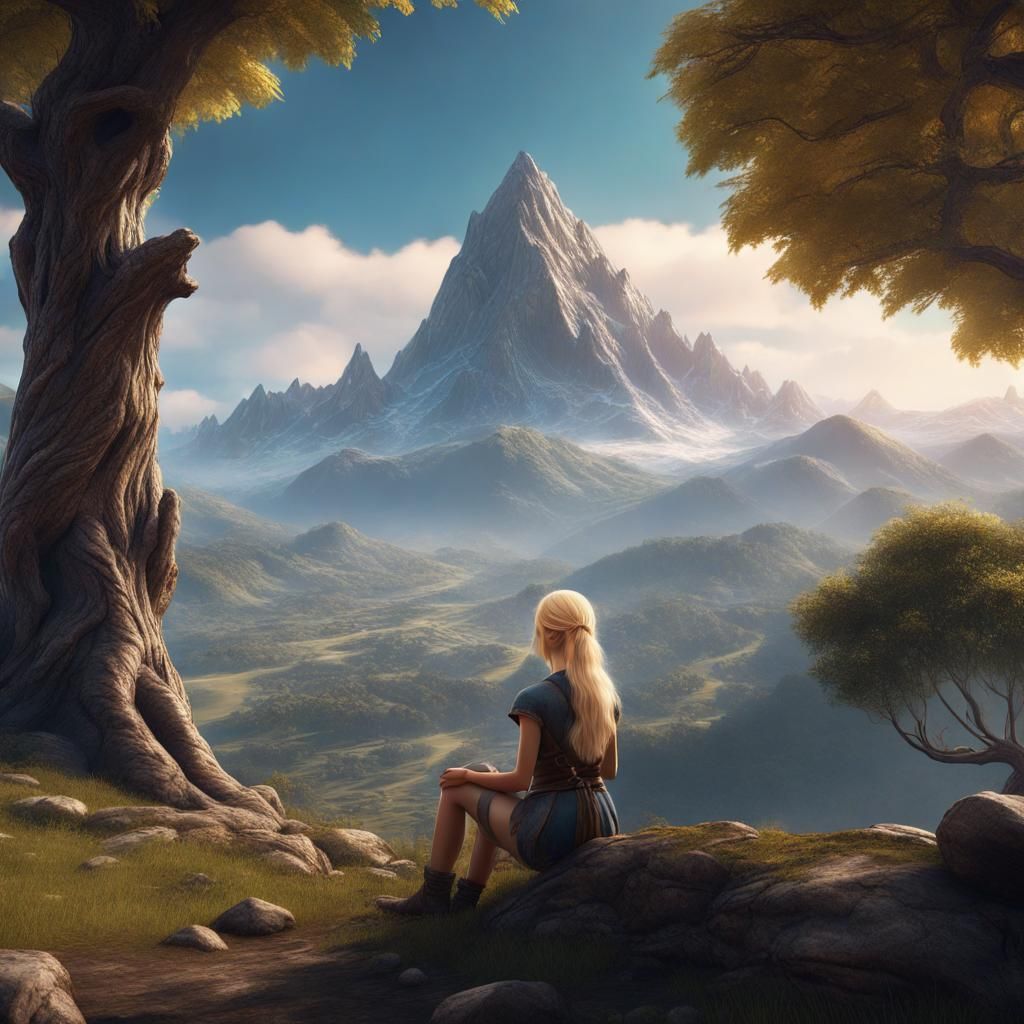 Blonde Girl Gazing at Majestic Mountain View