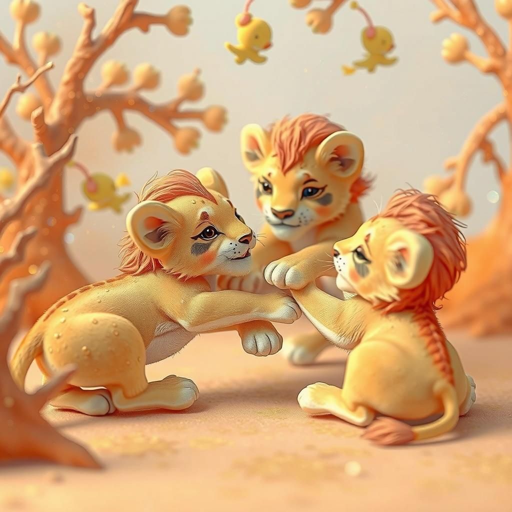 Adorable Lions Frolic in Dreamlike Landscape