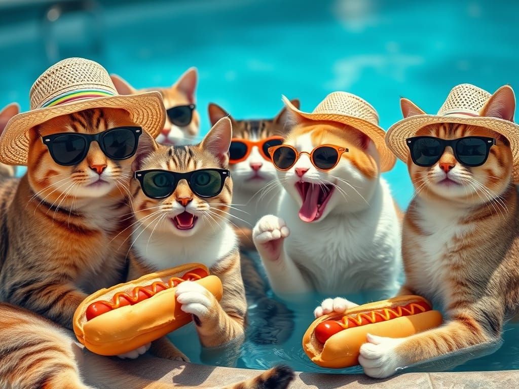 Cats' Pool Party with Hot Dogs in Photorealistic Style