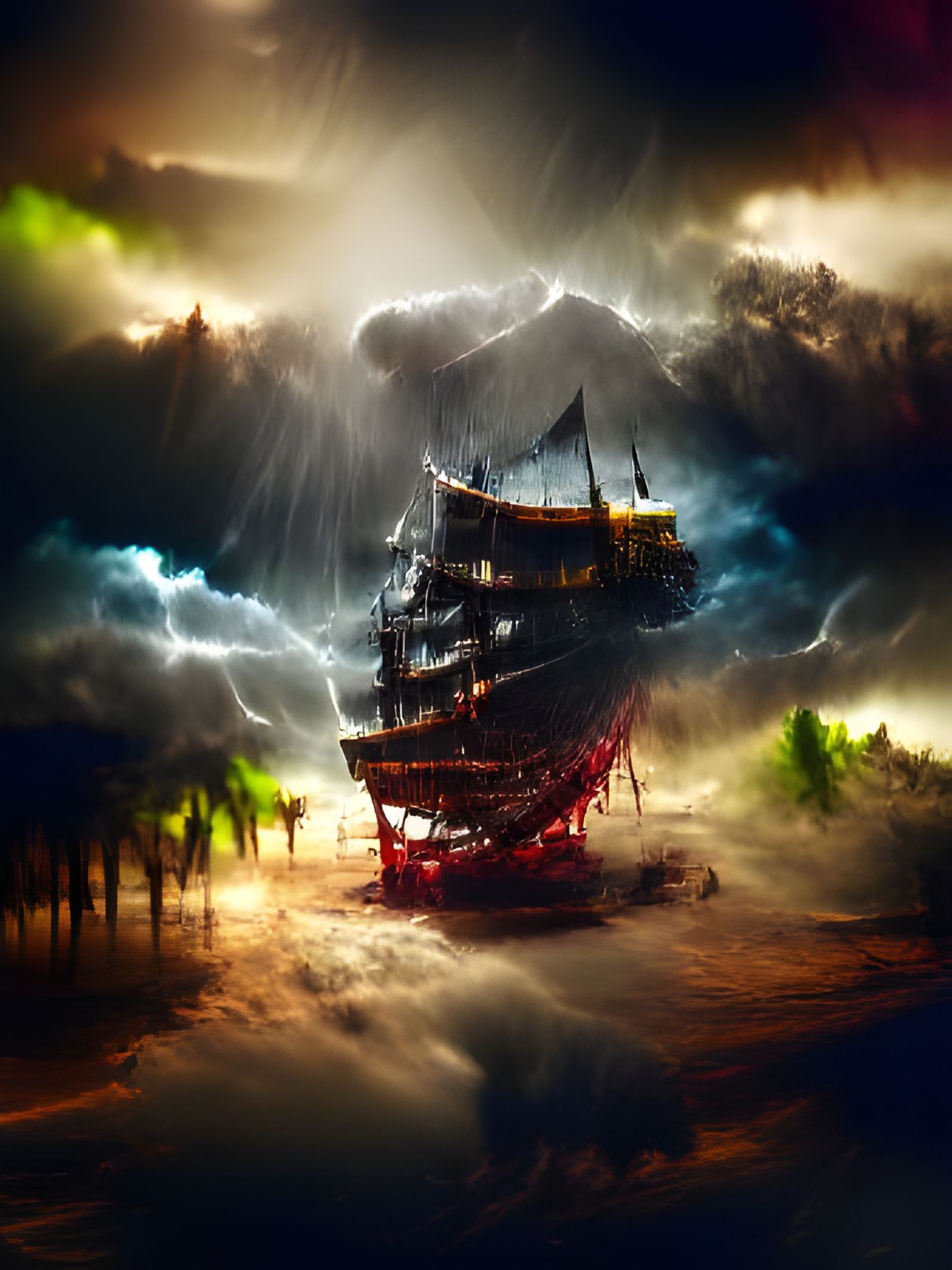 Pirate Ship in Storm: 3D Rendered Painting